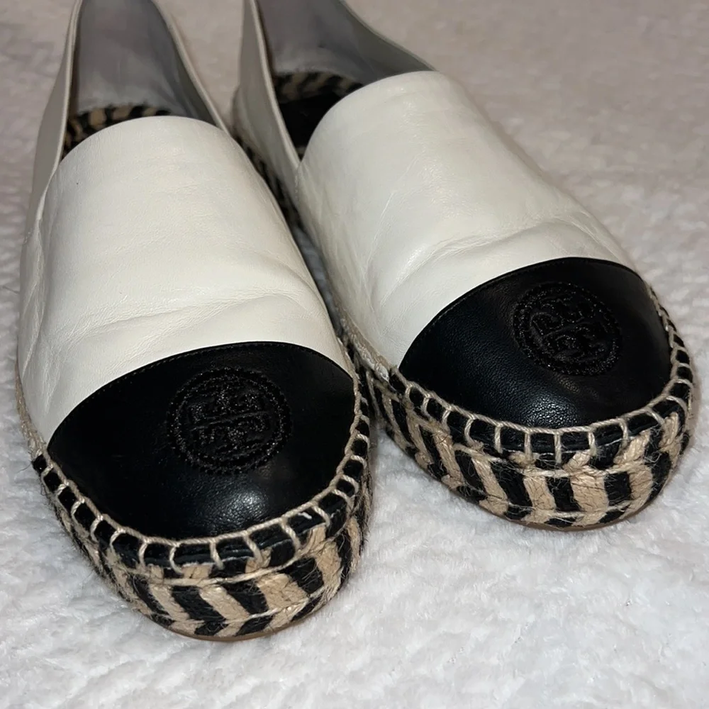 Tory Burch Colour Block Logo Platform Espadrilles Size 9m Black White Leather